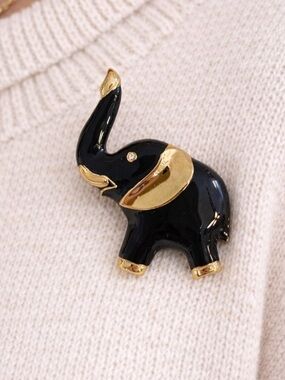 Vintage Black & Gold Enamel Elephant Brooch Pin Statement Jewelry